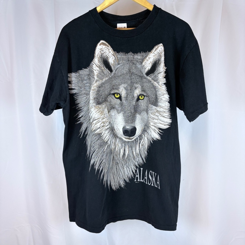Vintage Alaska Grey Wolf Big Graphic Tee Black Single Stitch Unisex Anvil XL